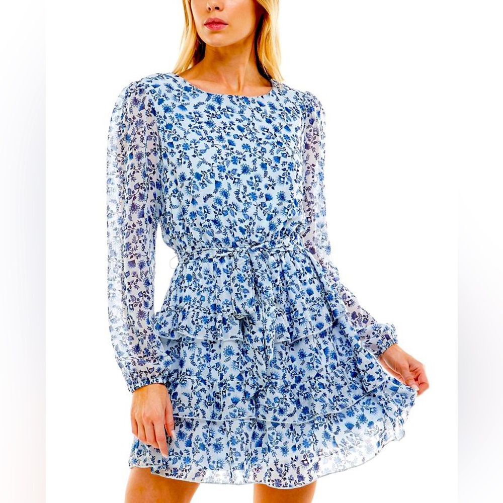 Speechless Printed Ruffled Fit & Flare Dress Long Sleeves